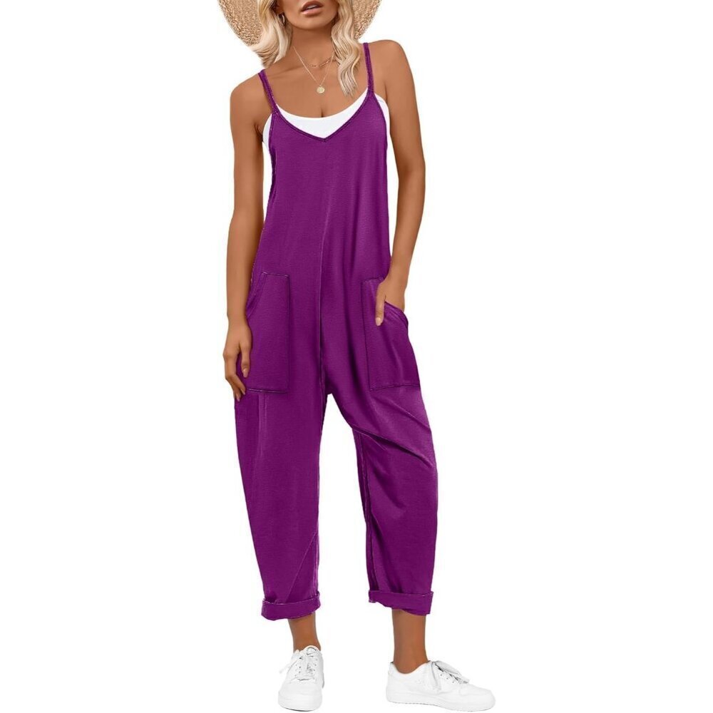 Women Purple Casual Summer Overall Sleeveless Spaghetti Strap Romper Jumper